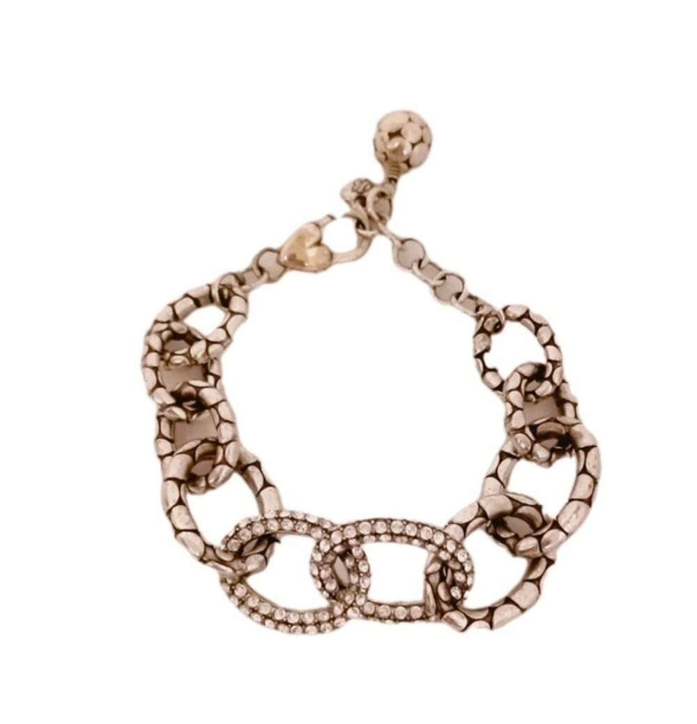 Brighton Silver Tone Chunky Chain Link Bracelet Rhinestone Heart Clasp Bohemian